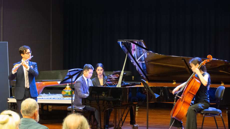 Image: ANU School of Music student Dante Costa (flute), Jacob Wu (piano) and Chloe Law (cello). Photo by Yun Hu /ANU.