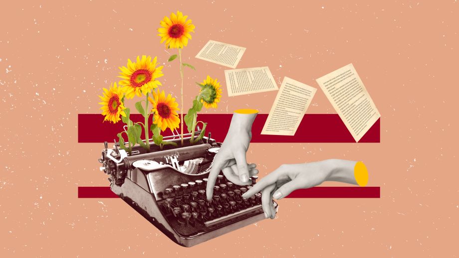 Hands typing on a typewriter. Written pages and Sunflowers are appearing out of the typewriter