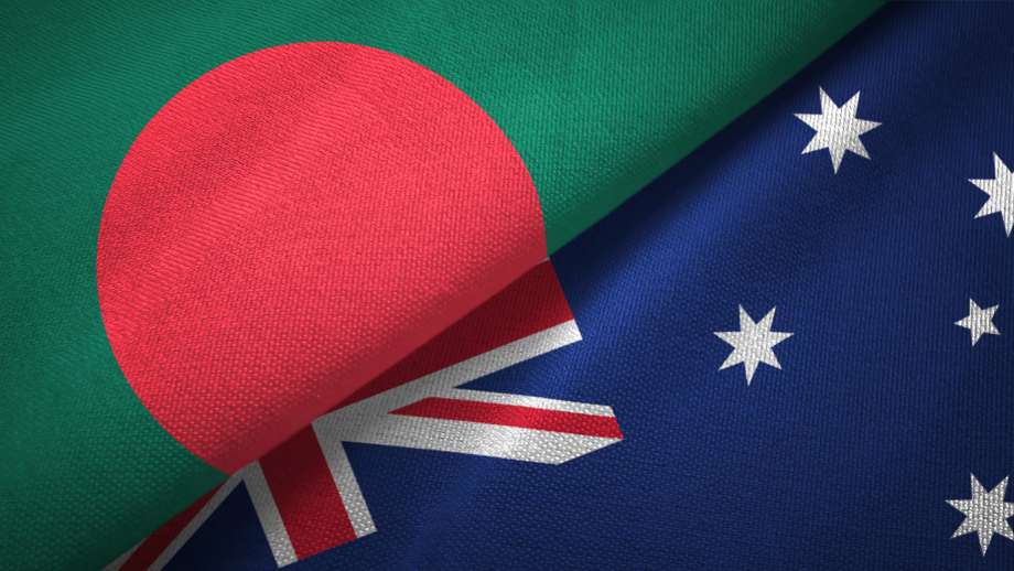 Bangladesh and Australia two flags textile cloth, fabric texture by Oleksii
