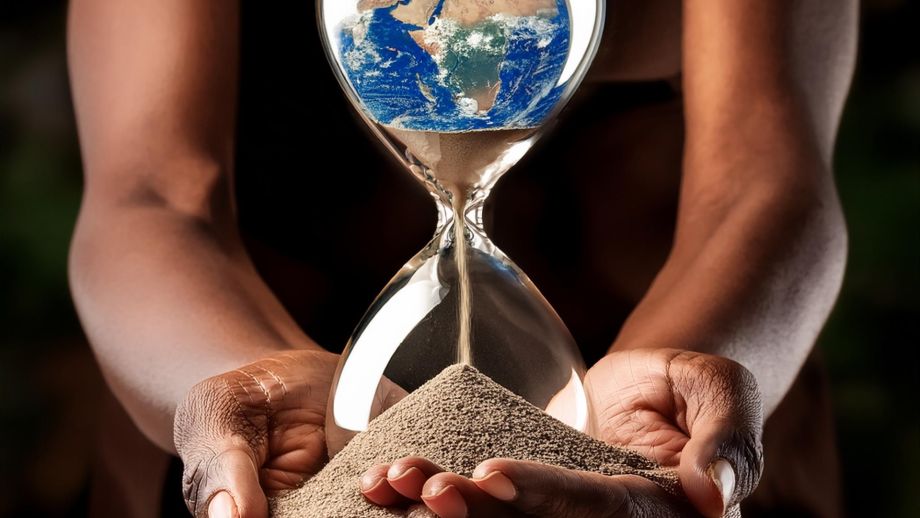 Image of world map in hourglass with sand running into the lower part of the hourglass