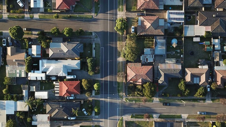 An aerial view of homes in a suburb