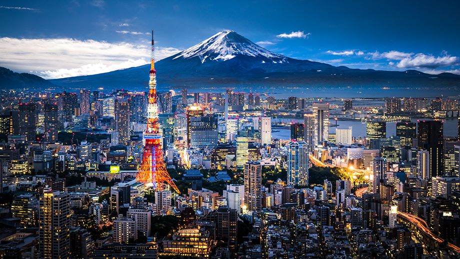 Pictured: Tokyo Skyline. Tokyo Tower and Mt Fuji displayed prominently. 