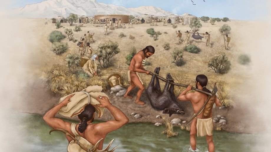 An illustration showing communities arriving at the Early Neolithic site of Asiab with wild boar for a communal feast. 