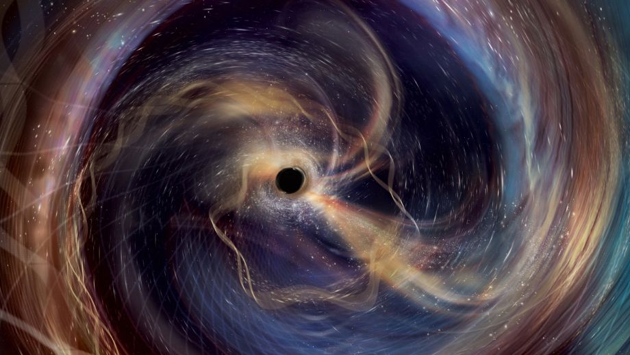 An artist’s impression of the final, larger black hole, ringing out into the cosmos like a cosmic bell.