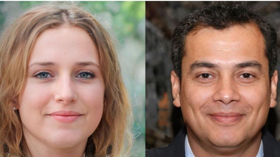 AI-generated photos of the faces of a woman and a man. 