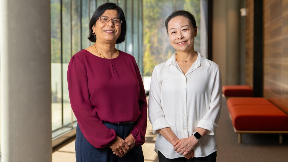 Two scientists pose for a photo indoors