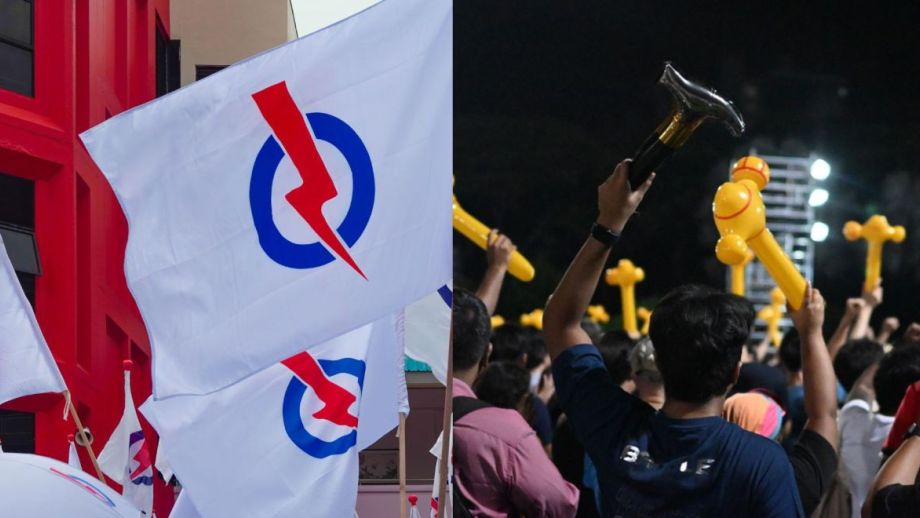 People's Action Party (PAP) flags from Adobe Stock; Workers' Party rally by Ja Ian Chong
