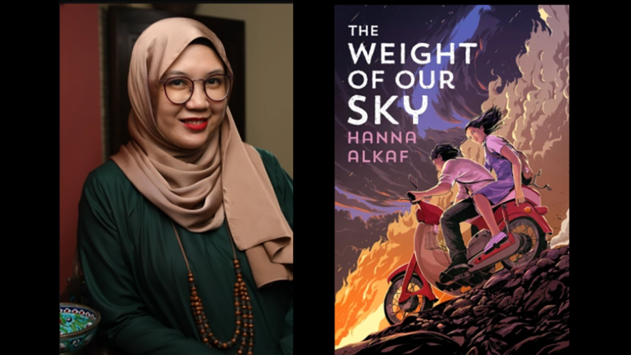 Hanna Alkaf and book cover of 'THE WEIGHT OF OUR SKY'