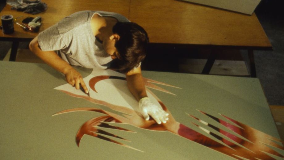 Image: Printer Paul Imboden cuts a lithographic element for James Rosenquist’s 'Time dust', Tyler Graphics, 1991. Photographer: Marabeth Cohen-Tyler. Kenneth Tyler Collection archives, National Gallery of Australia. Gift of Kenneth Tyler 2002.