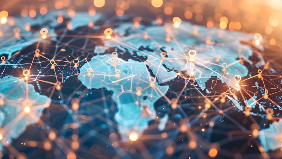 AI generated image of global map overlaid with human figures connected by network lines by Anastasiia, from Adobe Stock, used under Educational Licence.