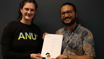 Sushant and ANU+ program lead, Chrissie Atkinson, holding an ANU+ Completion Certificate