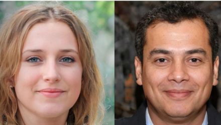 AI-generated photos of the faces of a woman and a man. 