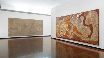 ‘Western Desert Sublime’ (installation image), Drill Hall Gallery, Australian National University, 18 October - 16 December 2018. Pictured L-R: Warlimpirringa Tjapaltjarri (Pintupi people), Malawa, 2009, acrylic on linen; Esther Giles Nampitjinpa (Ngaatjatjarra and Pintupi/Luritja peoples), Untitled, 2010, acrylics on canvas; ANU Art Collection. Donated through the Australian Government’s Cultural Gifts Program by Craig Edwards in memory of Edmund Charles Edwards and Alan Edmund Edwards, teachers, 2018.
