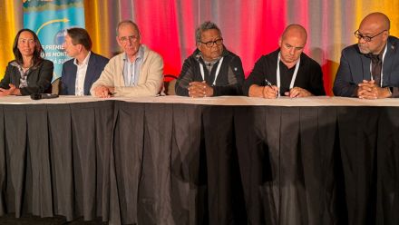 Left to right: Leah Armstrong, Ernie Daniels, Harold Calla, Professor Peter Yu, Jamie Lowe and Joe Morrison at the signing ceremony in Quebec, Canada.