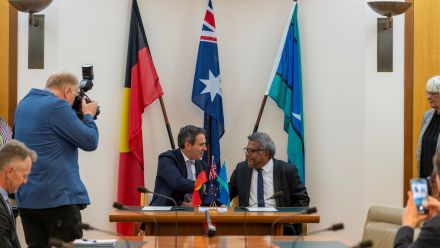 Australian Treasurer Jim Chalmers and ANU Vice-President (First Nations) Professor Peter Yu sign the First Nations Economic Partnership Agreement 25 September 2025