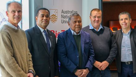 Left to right: ANU Professor Geoff Cary, Fijian Minister for Lands and Mineral Resources Hon Filimoni Vosarogo, ANU Vice-President (First Nations) Professor Peter Yu, ANU Associate Professor Bruce Doran, and Director of the ANU-Rio Tinto Research Partnership at the Centre for Future Materials Dr Victor Pantano. 