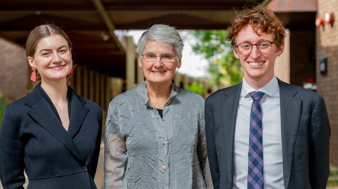 Rhodes Scholars-Elect Lillian Ireland (left) and Sam Goldberg with Rhodes Australia-at-Large Committee Chair, Professor Jane Stapleton. Photo: ANU