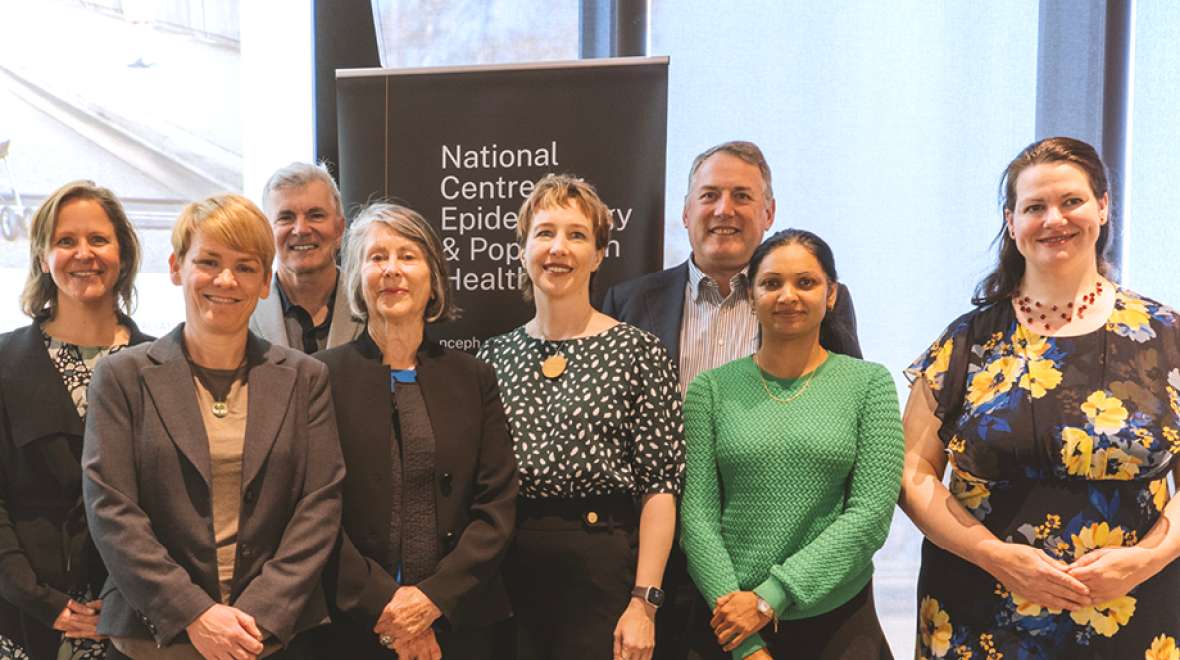 Image: Back L-R: Associate Professor Amy Dawel, Professor Mark Howden (Director, ANU Institute for Climate, Energy & Disaster Solutions), Professor Russell Gruen (Dean, ANU College of Health and Medicine). Front L-R: Dr Zoe Leviston (2022 recipient of The McMichael Award), Associate Professor Judith Healy, Professor Hilary Bambrick (Director, National Centre for Epidemiology and Population Health), Associate Professor Aparna Lal (Director of The McMichael Award), Dr Annabel Dulhunty. Photo by ANU.