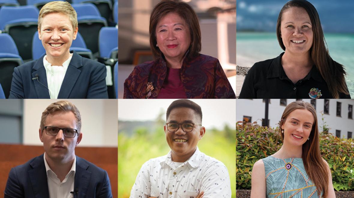 Image: Our 2022 ANU Alumni Award recipients (from top left) - Heidi Yates, Dr Mari Pangestu, Mikaela Jade, Kieran Pender, Prime Ragandang and Clare McBride-Kelly.
