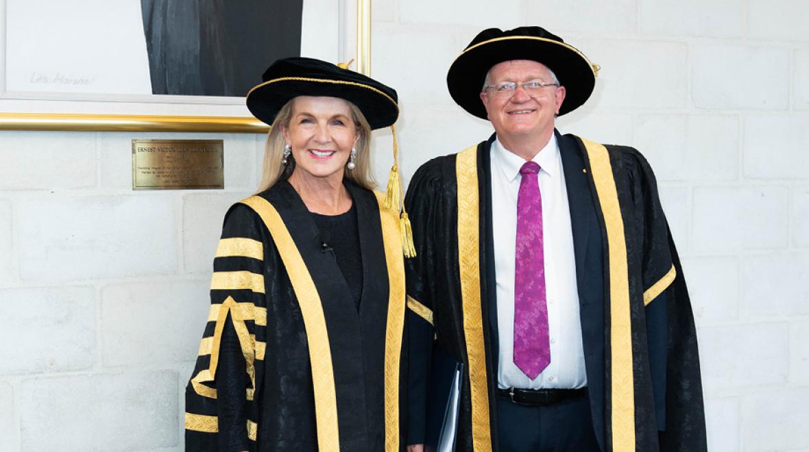 The Hon Julie Bishop, Chancellor, with Professor Brian P. Schmidt, Vice-Chancellor and President, at the 2022 Grand Graduations Ceremony, Lewellyn Hall. Photo by Tracey Nearmy/ANU.