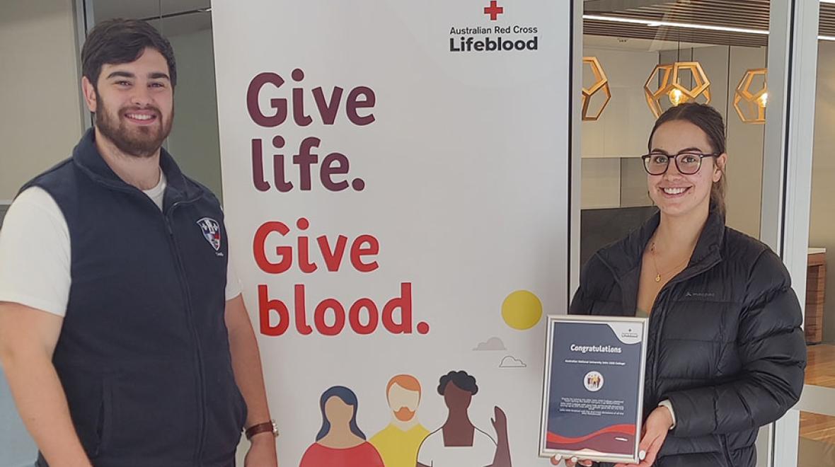 Pictured: Tom Perissinotto and Claudia Petrie, Johns College XXIII. Image: Australian Red Cross Lifeblood.
