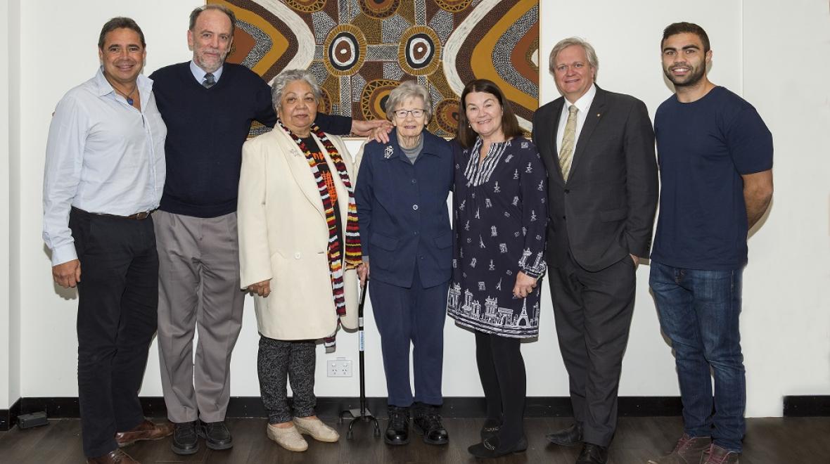 Dave Johnston, Professor Richard Baker, Mrs Matilda House, Emeritus Professor Isobel McBryde, Aunty Anne Martin, Vice-Chancellor Professor Brian P. Schmidt and current student, Robert Williams.