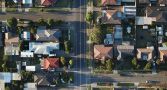 An aerial view of homes in a suburb