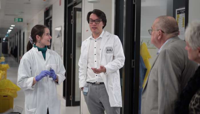 Image: L-R: Gemma Hart (PhD student), Simon Jiang, Arthur Hodge and Lorraine Hodge. Photo by ANU.