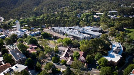 Aerial image of the John Curtin School of Medical Research, Florey Building and the Research School of Population Health.