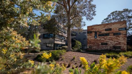The Frank Fenner Building with wattle