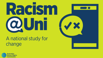 Racism@Uni logo with the tagline ‘A national study for change’ and the Australian Human Rights Commission logo, set on a bright lime green background with a dark blue smartphone icon on the right displaying a speech bubble containing a green check mark and an X.