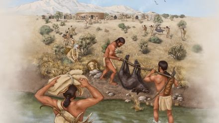 An illustration showing communities arriving at the Early Neolithic site of Asiab with wild boar for a communal feast. 