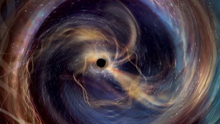 An artist’s impression of the final, larger black hole, ringing out into the cosmos like a cosmic bell.