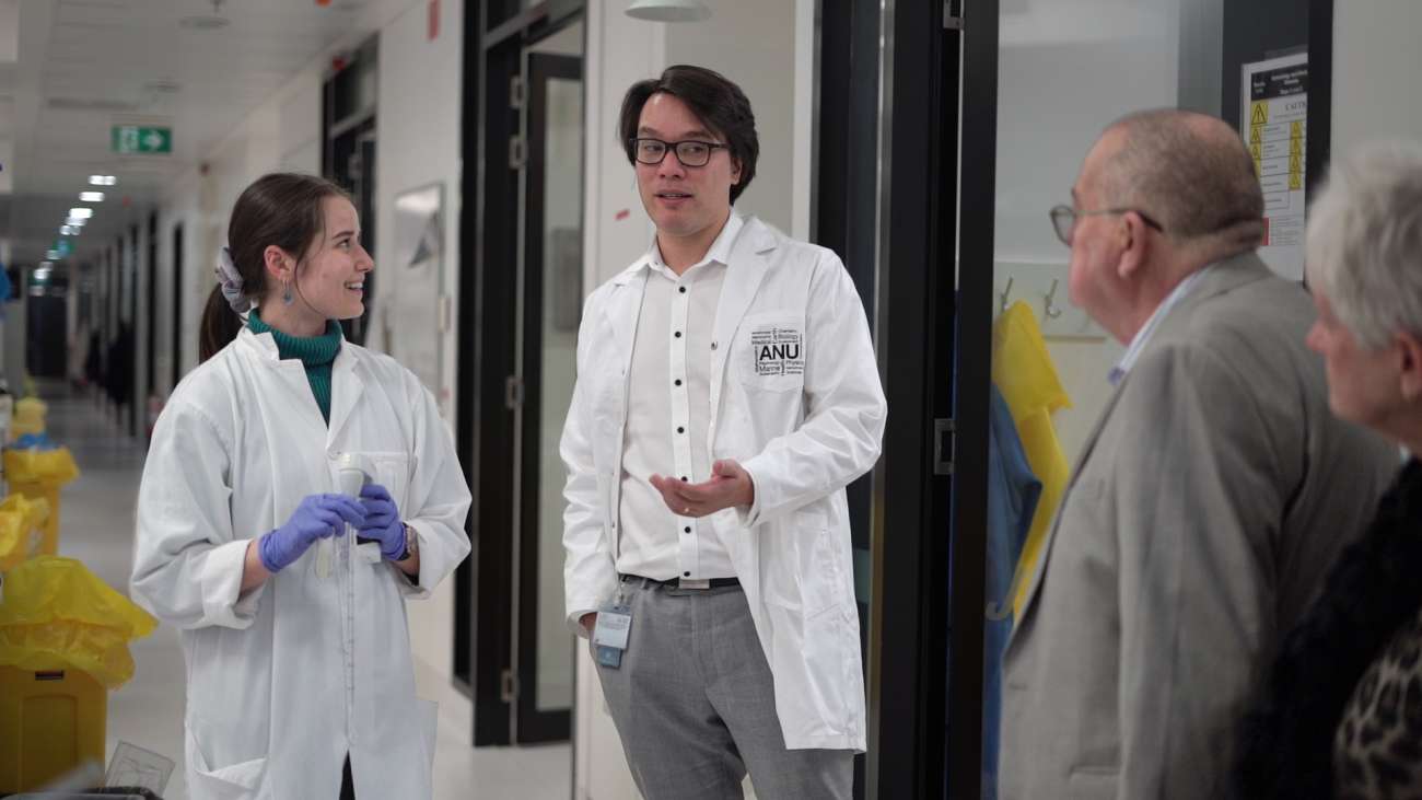 Image: L-R: Gemma Hart (PhD student), Simon Jiang, Arthur Hodge and Lorraine Hodge. Photo by ANU.